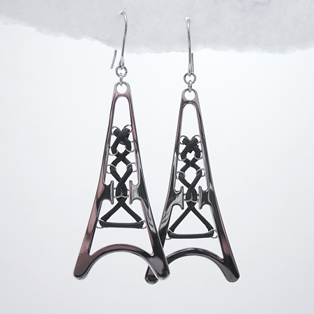 Eiffel Tower Stainless Steel Earring w/Blk Leather - ER113 - Click Image to Close